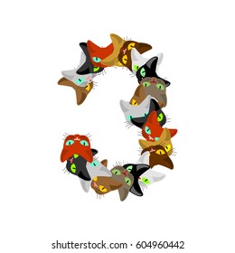 Number 3 cat font. Cats number three. Pet alphabet sign. home animal ABC