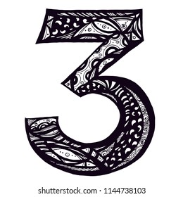 number 3, childish numerals, doodle style vector illustration