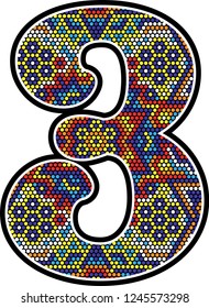 number 3 with colorful dots abstract design with mexican huichol art style 
