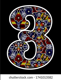 number 3 with colorful dots. Abstract design inspired in mexican huichol beaded art style. isolated on black background