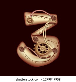 Number 3 from the complete set of characters of the font. Mathematical symbol. Copper and brass fantasy mechanical steampunk construction with tubes, gears and rivets.