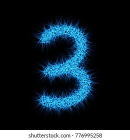 Number 3 composed from lights particles, isolated on black. Vector design.