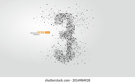 The number 3 is composed of particles on gray background. Abstract vector font material.