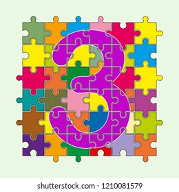 number 3 is composed of pieces of multi-colored puzzles