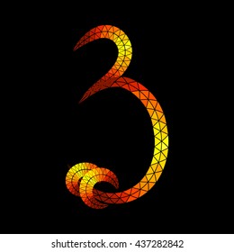 The number "3" consists of triangular elements on black background. Imitation glowing gold. Script font without gradients.