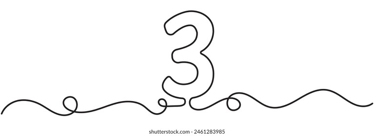 Number 3 in continuous line drawing style. Line art of number three. Vector illustration. Abstract drawing number 3 isolated on white background. eps 10