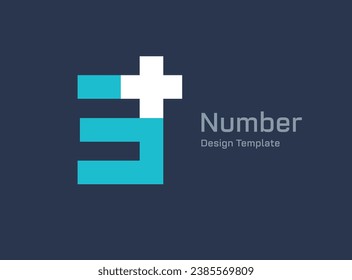 Number 3 cross plus medical logo icon design template elements