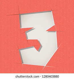 Number 3 cut out on a cardboard. Vector paper alphabet