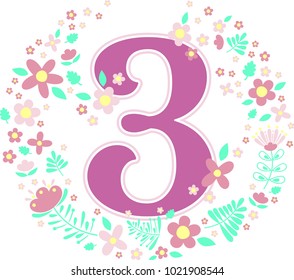 number 3 with decorative flowers and design elements isolated on white background. can be used for baby girl birth,age,birthday, nursery decoration, spring themes or anniversary invitation