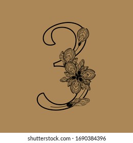 Number 3. Decorative font with floral ornaments from maple lionfish. Ecological typography