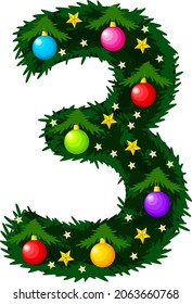 Number 3. Design of the Christmas alphabet and numbers. Christmas tree with toys. Vector illustration on a white background.