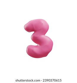 Number 3 digit with effect of an object sculpted by hand from plasticine or confectionery mastic, 3D realistic vector illustration isolated on white background.