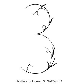 Number 3. Digit three. Botanical digit. Beautiful floral font with delicate leaves or branches of grass. Isolated vector illustration. Black silhouette on white background.