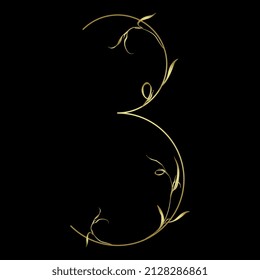 Number 3. Digit three. Botanical digit. Beautiful floral font with delicate leaves or branches of grass. Golden glossy silhouette on black background. Isolated vector illustration.