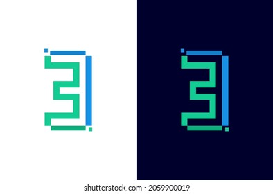 Number 3 digital logo. Technology design with pixel icon. Number three electric font