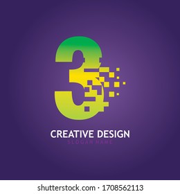 NUMBER 3 with Digital Pixel logo design concept template