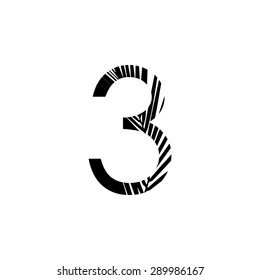 Number 3 double exposure with black palm leaf  isolated. Vector illustration.Black and white double exposure silhouette letters combined with photograph of nature.  Number 3