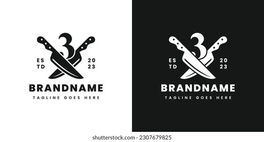 Number 3 Double Knife Logo, Suitable for any business related to knife with 3 initial.