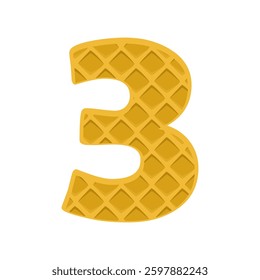 Number 3 element waffle. Crunchy waffle in the shape of number Three. Vector illustration. Alphabet, letters, numbers and signs made from cookie, waffle.