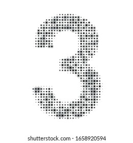 The number 3 is evenly filled with black dots of different sizes. Some dots with shadow. Vector illustration on white background
