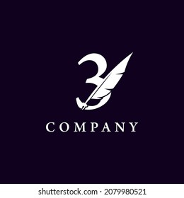Number 3 with Feather Quill Pen Notary Writer Journalist Logo Design Inspiration
