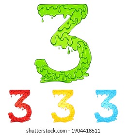 Number 3 with flow drops and goo splash. Color illustration of the symbol three in four colors green, red, yellow, blue. Dripping liquid. Vector font in hand drawn style isolated on white background.