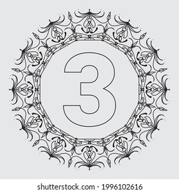 Número 3 con la página del libro de coloreado de mandala de marco