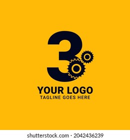number 3 with gear for technology and mechanical vector logo design