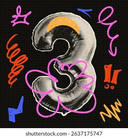 Number 3 with a grainy, dotted texture. Foil balloon shaped like the number 3. Doodle-style design. Ideal for Y2K-themed collages, cards, or posters. Halftone photocopy effect