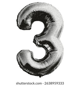 Number 3 with a grainy, dotted texture. Foil balloon shaped like the number 3. Designed for use in Y2K-style collages, greeting cards, posters, or prints. Halftone photocopy effect