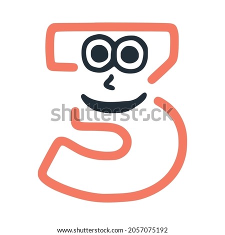 Number 3 happy eccentric smiling character, smiley face vector clip art