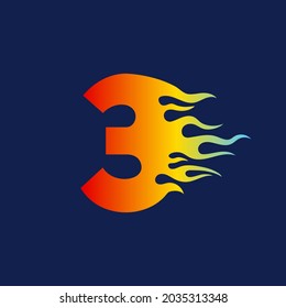 Number 3 icon with fire flames in a vibrant gradient color. Numeric logo burning with fast flame effect.