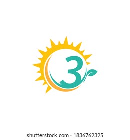 Symbol Nummer 3 mit Blatt kombiniert mit Sonnenschein-Design-Konzept