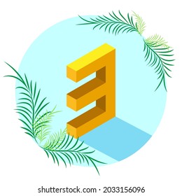 The number 3 is isometric style with a shadow in a blue circle, decorated with tropical leaves. The concept of summer and sea holidays, beach, holiday