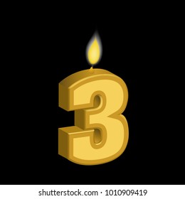 The number 3 as a lit candle gold color on a black background to celebrate a birthday.