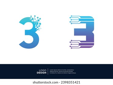 Number 3 logo design collection. Abstract symbol for digital technology.