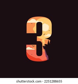 Number 3 logo icon with cliff and sunset. Vector illustration, eps 10.