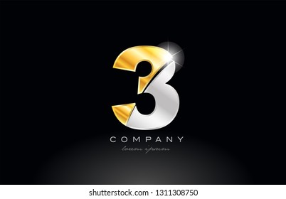 number 3 logo icon design with gold silver grey metal on black background suitable for a company or business