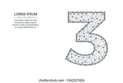 Number 3 low poly design, mathematics abstract geometric image, three wireframe mesh polygonal vector illustration made from points and lines on white background