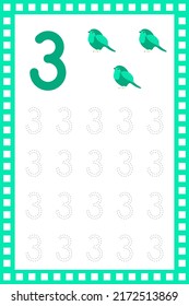 Number 3 lowercase. Worksheet. Children's education. Bird illustration. Vector typeset. Preschool training.