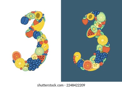 The number 3 is made up of brightly colored fruits and berries. Different threes, one on a white and one on a dark blue background. Hand-drawn in doodle style.