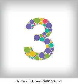 Number 3 made of creative colored dots or filled with circles. Creative fonts with unique Numbers and symbols. Vector illustration.