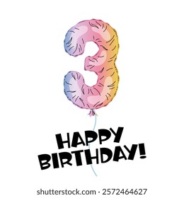 Number 3 made with foil holographic. Birthday balloon. Decor for party, birthday. Happy Birthday Lettering. Greeting card. Rainbow number. 