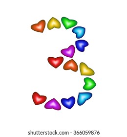 Number 3 made of multicolored hearts on white background