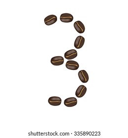 Number "3" made of roasted coffee bean, isolated 