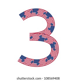 Number 3 made of USA flags on white background from USA flag collection, Vector Illustration