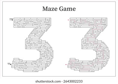 Number 3 maze game pattern decorative design template