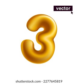 Number 3. Metallic golden three sign. Realistic 3D design in cartoon fun style on white background. Vector illustration for Black Friday, Christmas and New Year Sale, end of season special offer.