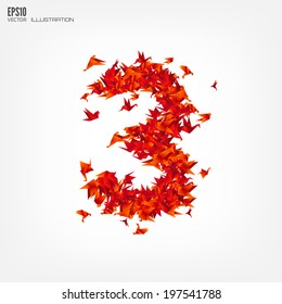 Number 3. Numbers with origami paper bird on abstract background