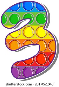 The number 3.  The numbers are rosy in the form of a popular childrens game pop it. Bright letters on a white background.  Bright numbers on a white background. 